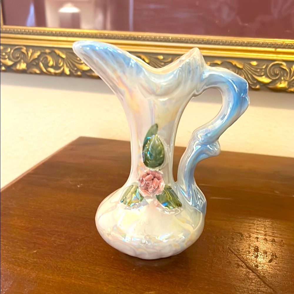 Vintage Iridescent Blue and White Ceramic Pitcher with Floral Design